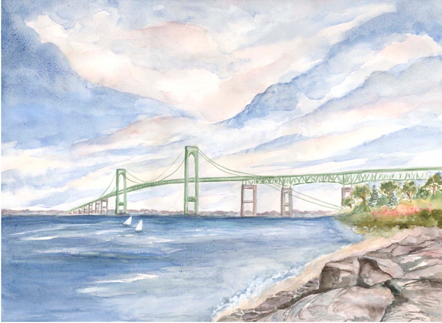 Newport RI Bridge. Original Design. Coastal Print. Newport RI Etsy