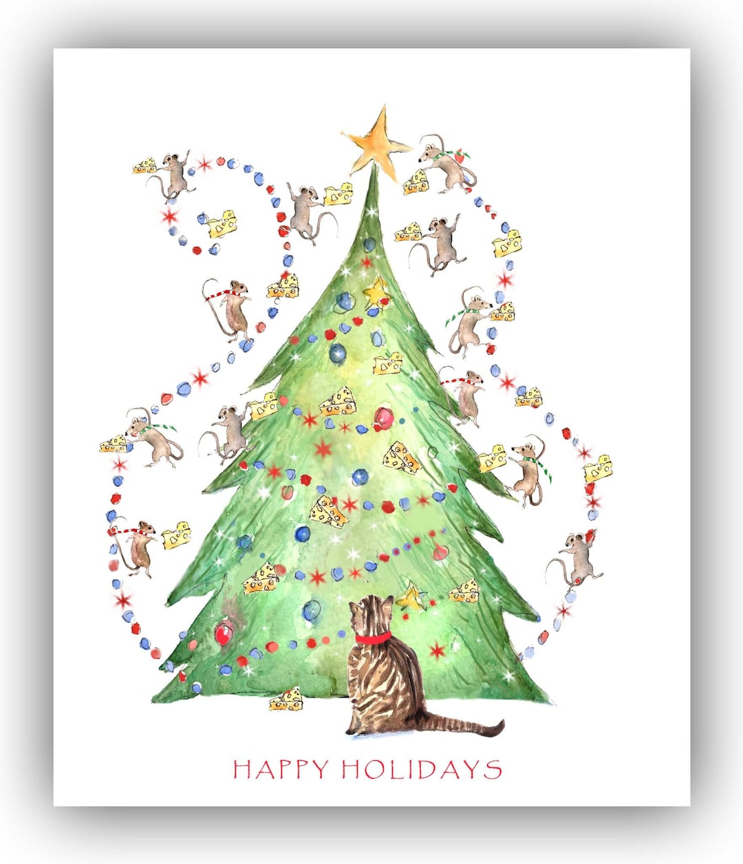 Cat With Mice Tree Christmas Cards. Cat Holiday Cards. Funny Cat ...