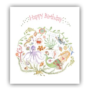 May include: A watercolor illustration of a mermaid with a purple octopus, seahorses, starfish, seashells, and other sea creatures. The text "Happy Birthday" is written in pink at the top of the card.