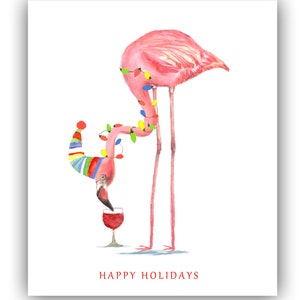 Biglietti di Natale con fenicotteri, biglietti da cocktail, fenicotteri con vino rosso, Natale tropicale, fenicotteri rosa, divertenti biglietti di Natale. Set di biglietti di auguri per le feste.