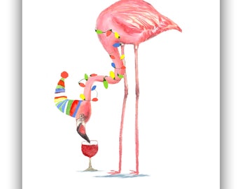 Flamingo Christmas cards, Cocktail card, red wine flamingo, Tropical Christmas, pink flamingo ,funny Christmas cards. holiday card set.