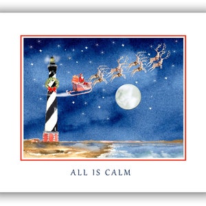 Cape Hatteras holiday Lighthouse Christmas cards- santa in the sky-  boxed set Christmas cards-Hatteras light, lighthouse Christmas cards