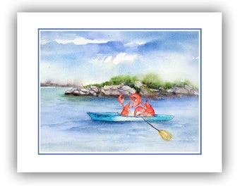 kayaking lobster card, wedding lobster card, watercolor lobster card-kayak cards- celebrating lobsters-funny cards.