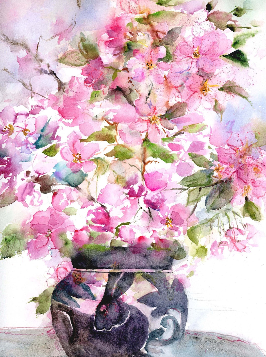 Apple Blossom Original Watercolor Bunny Vase Watercolor Floral Art ...