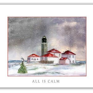 May include: A watercolor painting of a lighthouse with a snowy landscape. The lighthouse is white with a black top and red roof. There are several other buildings with red roofs in the background. A snowy pine tree is in the foreground with a white owl perched on top. The text "ALL IS CALM" is printed below the image.