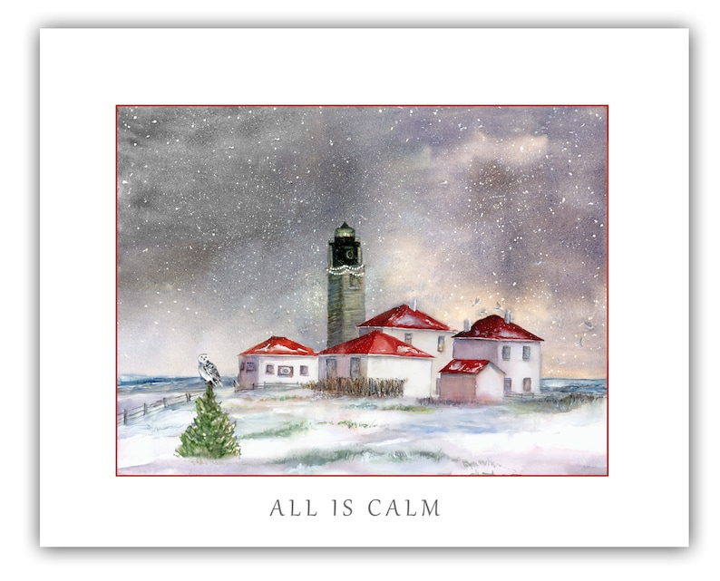 May include: A watercolor painting of a lighthouse with a snowy landscape. The lighthouse is white with a black top and red roof. There are several other buildings with red roofs in the background. A snowy pine tree is in the foreground with a white owl perched on top. The text "ALL IS CALM" is printed below the image.