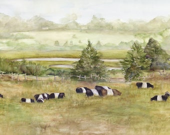 Windmist Farm Jamestown, RI print-  coastal Rhode Island - Jamestown RI watercolor- RI seascape-  Rhode Island coast art- Belted Galloways