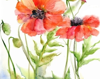 spring sale red poppy print-  watercolor poppy painting-  watercolor floral art- poppy painting- botanical flower print- orange poppy art