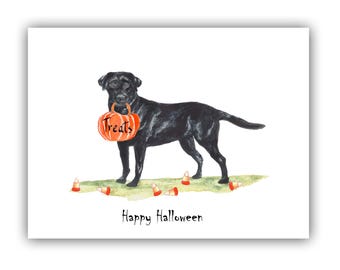 Halloween lab cards- black lab halloween card- halloween dog- black lab with candy corn