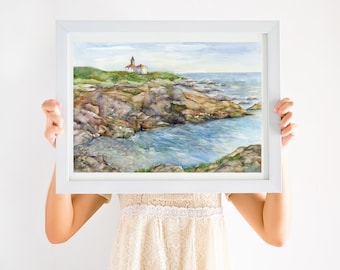 Beavertail light house print, Jamestown, RI  Giclee print. coastal print.  RI seascape. Rhode Island coast, Beavertail RI, Rhode Island art