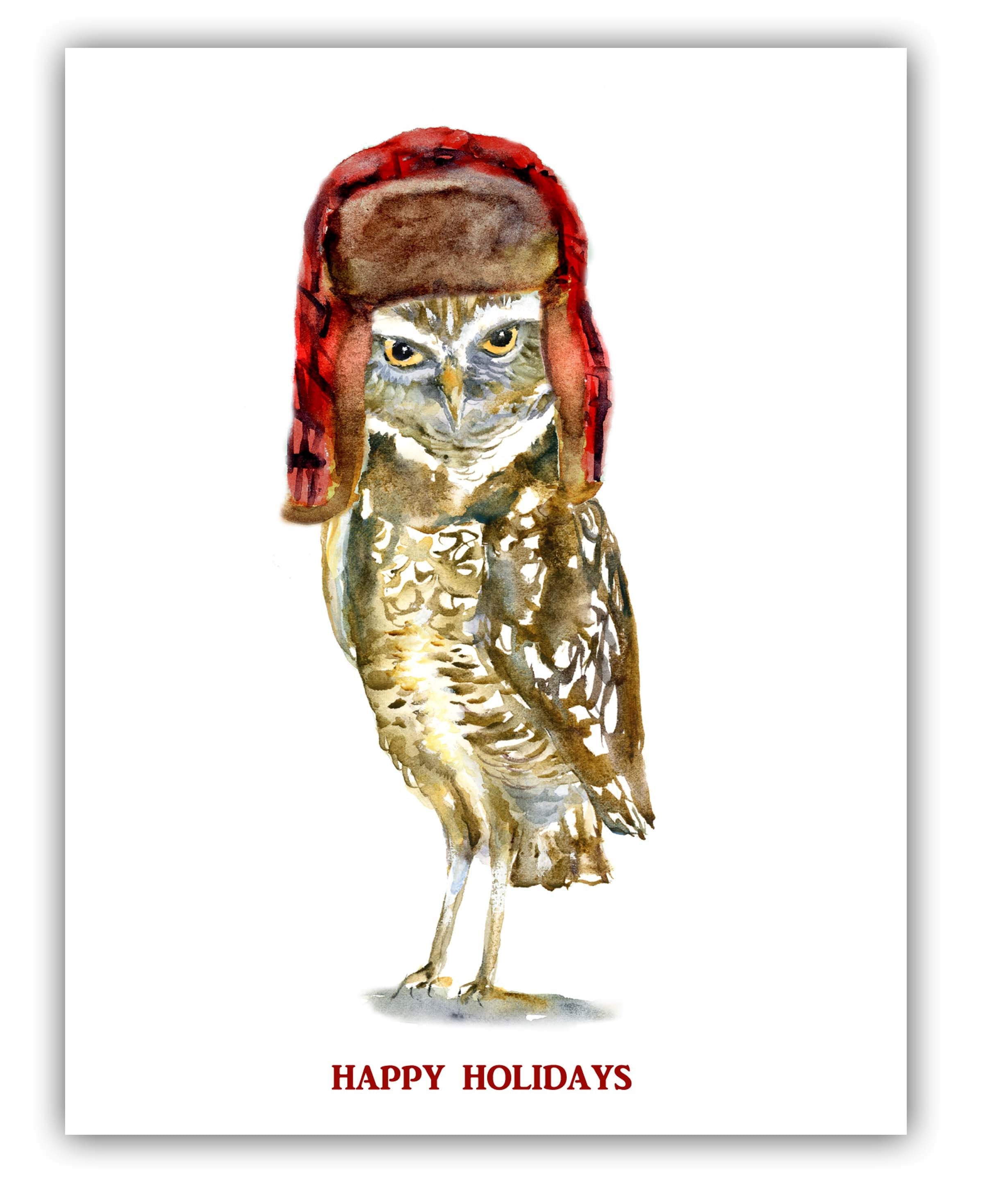 owl Christmas cards- trapper hat- woodland cards- Birders Christmas cards- Burrowing owl watercolor