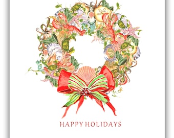 Watercolor Sea Wreath Christmas Cards, Holiday Nautical