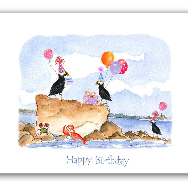 Puffins birthday card, Maine birthday card, watercolor puffin, coastal kids birthday card, nautical birthday, Children's birthday