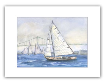 Newport bridge sailboat race cards- Newport RI card- boat race note cards- Newport Rhode Island watercolor art-  Rhode Island coast art