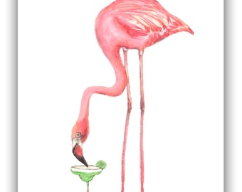 cocktail flamingo cards, Cocktail flamingo- Tropical bird cards-  pink flamingo cards- cocktail stationary- margarita flamingo