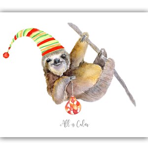 Cartes de Noël paresseux- paresseux de vacances- cartes boisées- Noël paresseux- aquarelle paresseuse- peinture paresseuse- cadeau pour les amoureux de la paresse