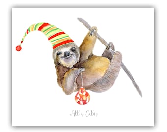 Sloth Christmas cards- holiday sloth- woodland cards-  sloth christmas-  sloth watercolor- sloth painting- sloth lovers gift