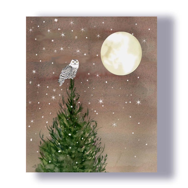 Snowy owl Christmas cards- owl cards- woodland holiday cards- owl moon - Winter Solstice cards- Birders Christmas.