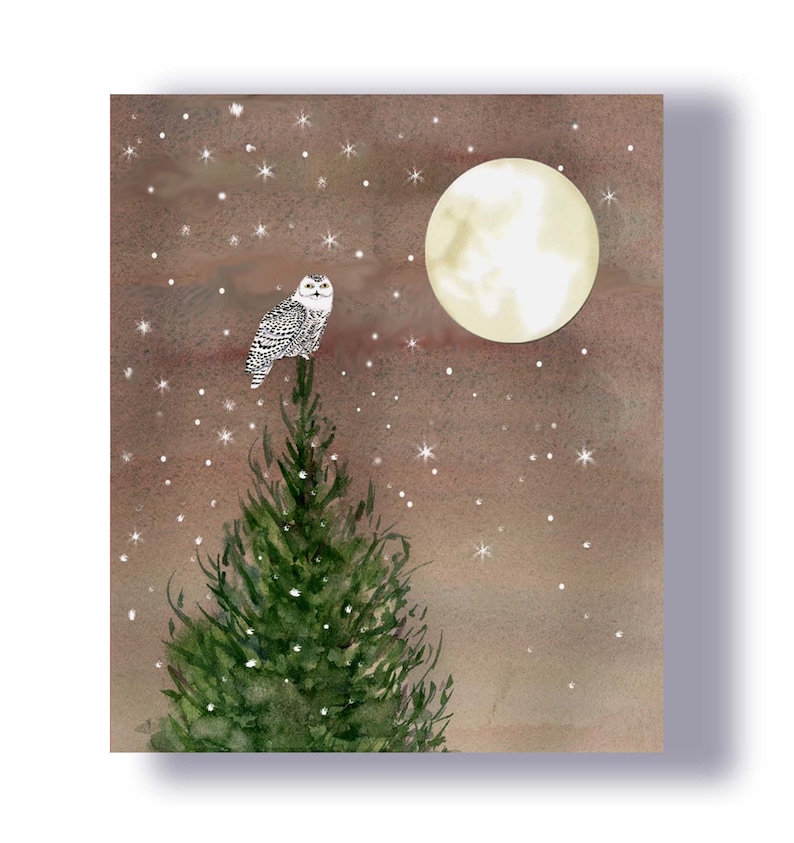 Snowy owl Christmas cards- watercolor Christmas cards- woodland christmas - owl moon cards- Winter Solstice cards- Birders Christmas cards. 