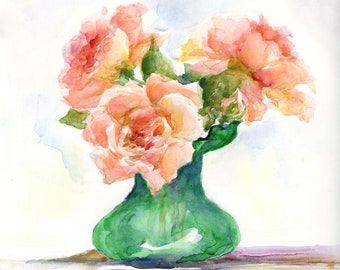 peach roses original watercolor-  Shropshire Lad rose painting- Rose lover gift- botanical art- watercolor rose- pastel roses