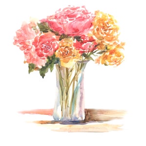 Engelse rozenkaart, stillevenkaart met aquarelroos, roze rozen, gele rozen, verjaardagskaart, jubileumkaart, housewarmingkaart