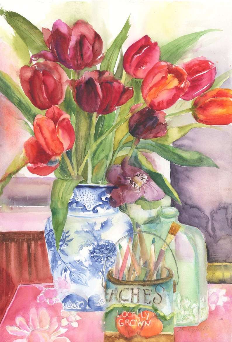 Red Tulip Still Life Tulip Wall Decor Watercolor Floral Art Etsy