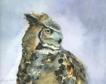 great horned owl original watercolor,  owl art,  great horned owl watercolor, owl painting,  birders gift, owl lovers gift,