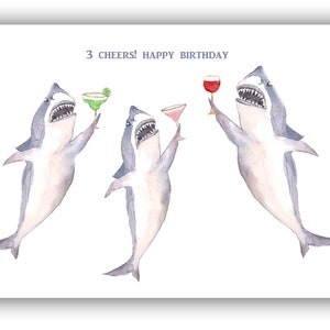 shark Birthday card- nautical birthday cards- shark lovers card-  shark week birthday-  great white shark birthday card- cocktail sharks