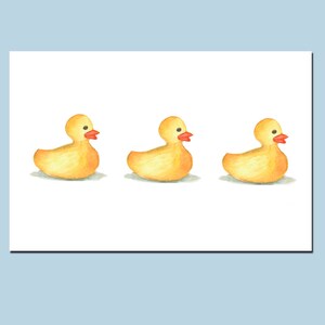 May include: Three yellow rubber duckies with orange beaks, lined up in a row on a white background.