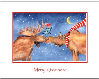 moose Christmas cards, moose kissing, boxed sets-  Original artwork. holiday moose. woodland Christmas. funny Christmas cards.
