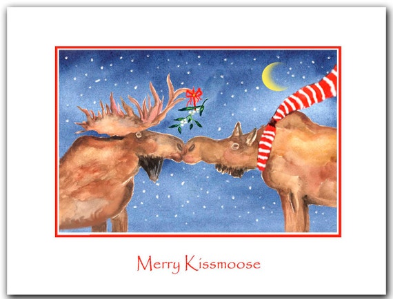 Moose Christmas cards moose kissing Set of 10. Original | Etsy