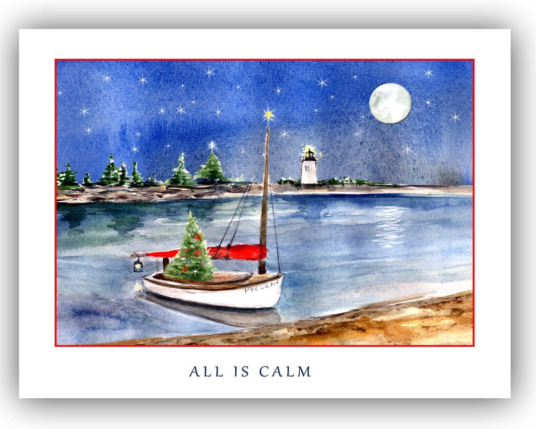 Catboat in the Bay Christmas Cards Catboat Cards Nautical Holiday Cards Sailor's Gift Classic