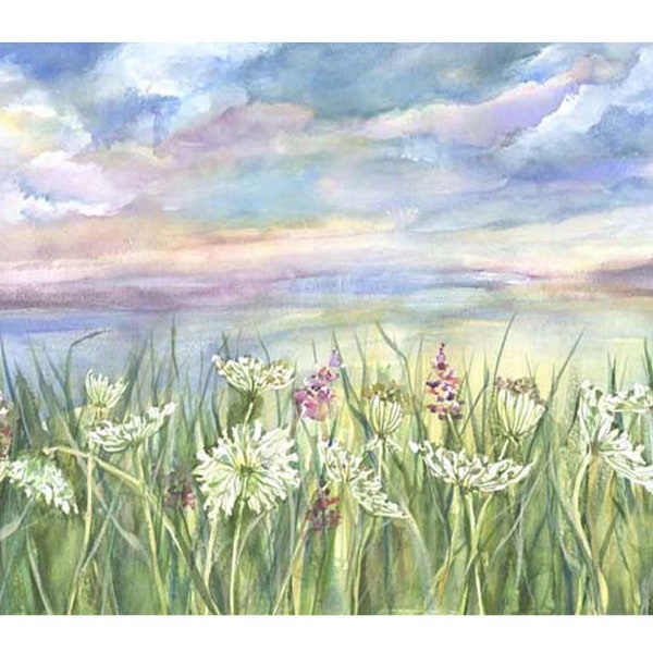 Pastel Seascape Watercolor Print – Queen Anne's Lace Coastal Art