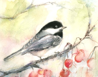 chickadee print-  birders gift-  Chickadee gift-  songbird art- bluebird art- watercolor bird print- chickadee lover