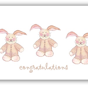 3 tarjetas de bebé de conejito- tarjeta de trillizo de bebé- tarjetas de bebé personalizadas- invitaciones de ducha de conejito de bebé- tarjeta de conejito gemelo o trillizo