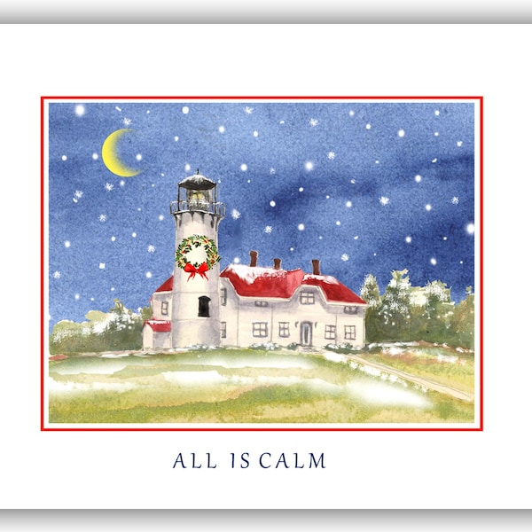 Chatham Lighthouse christmas cards, Cape Cod  MA , cape cod Christmas cards. Winter solstice cards. Christmas lighthouse cards.