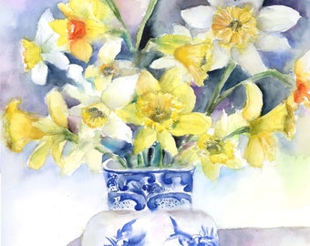 daffodil original watercolor- daffodil art-  watercolor floral art-  botanical painting- spring flower art- daffodil watercolor