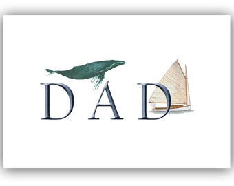 Father's Day card- Nautical father's day card- Catboat father's day card- whale father's day card- watercolor father's day card