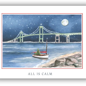 Cartes de Noël du pont de Newport - Cartes de Noël de Newport RI - Cartes de Noël du Rhode Island - Carte du solstice d'hiver du RI, peinture du pont de Newport.