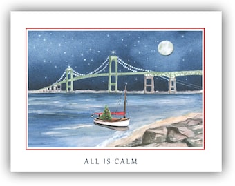 Newport bridge Christmas cards- Newport RI Christmas cards-  Rhode Island Christmas cards- RI Winter Solstice card, newport bridge painting.