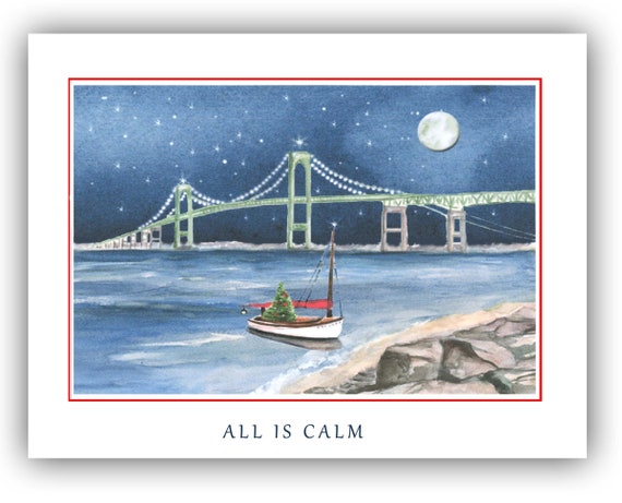 Newport bridge Christmas cards- Newport RI Christmas cards-  Rhode Island Christmas cards- RI Winter Solstice card, newport bridge painting.