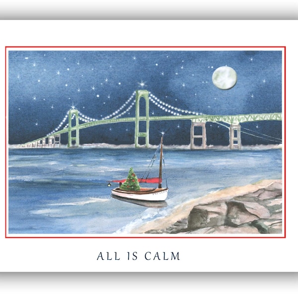 Newport bridge Christmas cards- Newport RI Christmas cards-  Rhode Island Christmas cards- RI Winter Solstice card, newport bridge painting.