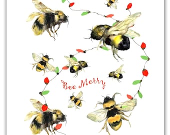 May include: Watercolor illustration of several bees with yellow and black stripes, flying around a string of red and green Christmas lights. The words "Bee Merry" are written in red script.