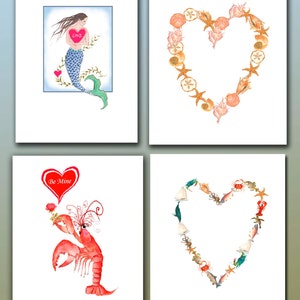 tarjetas de corazón de San Valentín - langosta de San Valentín - San Valentín divertido - San Valentín náutico - corazones tarjetas de San Valentín - corazón de concha - San Valentín de sirena