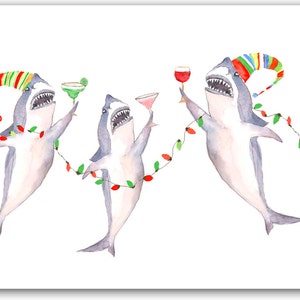 Cartoline di Natale del grande squalo bianco - acquerello dello squalo - pittura dello squalo - biglietto dello squalo cocktail - cofanetto salutato - divertenti cartoline di Natale