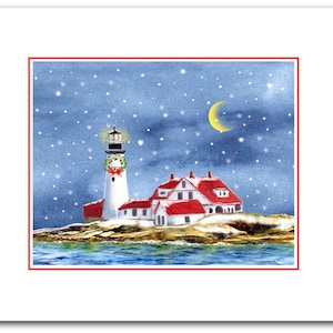 Portland Head Lighthouse Christmas Cards – Maine Watercolor Holiday Cards