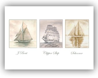 sailboat note cards- catboat note cards- J.Boat cards- Schooner watercolor cards- watercolor sailboats- boxed notecards- clipper ship card