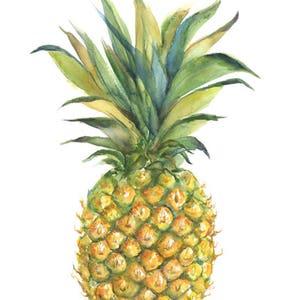 May include: A watercolor painting of a yellow pineapple with green leaves. The pineapple is sitting on a white background.