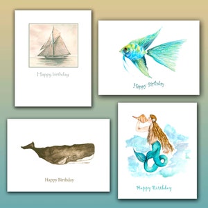 Küsten-Geburtstagskarten, nautische Geburtstagskarten, 8 pro Box-Set. Meerjungfrau Aquarell, Pottwal Karte, tropische Fische, J.Boat Malerei