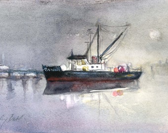 fishing boat original watercolor- original fishing boat painting- fishing boat art- coastal watercolor art- nautical painting